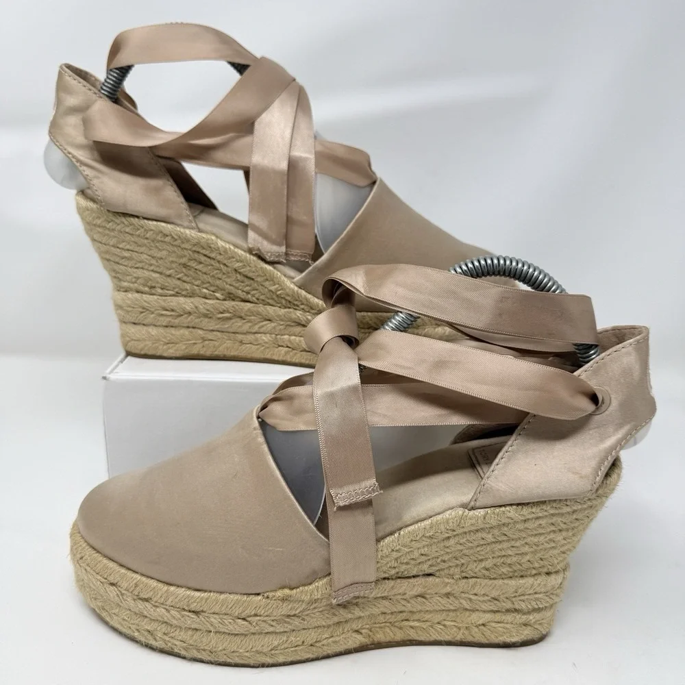 Tory Burch Elisa Wedge Satin Espadrille Soy Latte Size 8.5 Sandals Ankle Ribbon